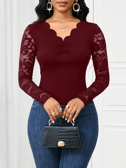 SHEIN Lady Camiseta de manga larga elegante y ajustada con parches de encaje de unicolor, top negro para salir, camiseta de manga larga, camiseta, blusa para mujer