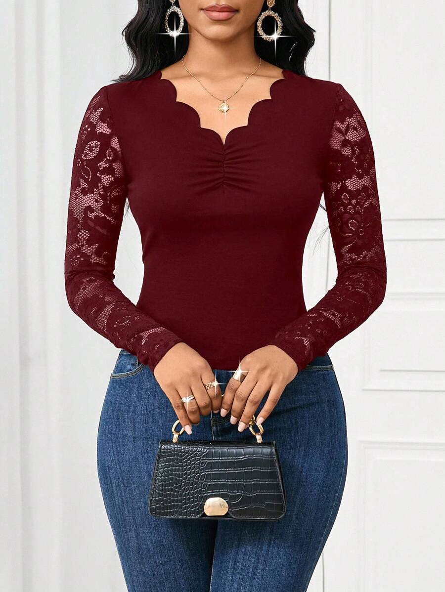 SHEIN Lady 2025新款优雅通勤纯色蕾丝拼接修身长袖T恤纯色上衣外出上衣女式长袖T恤长袖上衣,女士秋季服装 - 酒紅色 - 查看 1