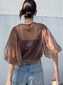 FRIFUL 女式纯棕色圆领泡泡袖透视网眼宽松休闲分层上衣 - 咖啡棕 - 查看 5