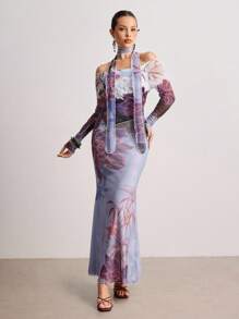ROMWE Avant New Chinese Style Printed Mesh Fitted Dress With Scarf - Multicolor - View 1