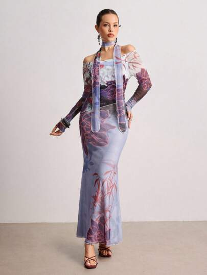 ROMWE Avant New Chinese Style Printed Mesh Fitted Dress With Scarf