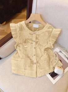 Serisse 女式花卉提花圆领盖袖单排扣时尚衬衫 - 卡其色 - 查看 3