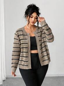 Elenzga Women's Plus Size Khaki Striped Knitted Cardigan,Smart Casual Round Neck Open Knit Crop Top For Autumn Vacation Winter,Fashionable Versatile Jacket - Camel - View 3