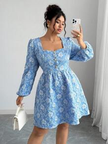 Elenzga Váy dài tay vải jacquard kiểu Pháp thường ngày cỡ lớn dành cho nữ, mặc dự tiệc - Màu xanh lam - Xem 5