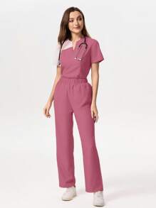TaskEZ Conjunto de uniforme de pijama médico con cuello en contraste, bolsillo y manga corta - Rosa Oxidada - Ver 3