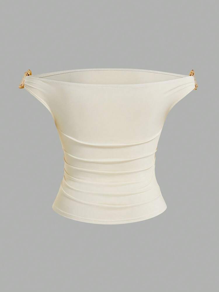 SHEIN Sweetro Fashionable & Elegant Metal Ring Off Shoulder Plus Size Women Top - Beige - View 2