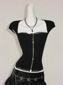 SHEIN ICON Y2k Summer Going Out Burgundy Goth Women's Casual Zipper Crew Neck T-Shirt, Minimalist & Fashionable, Suitable For Summer - Black - View 9