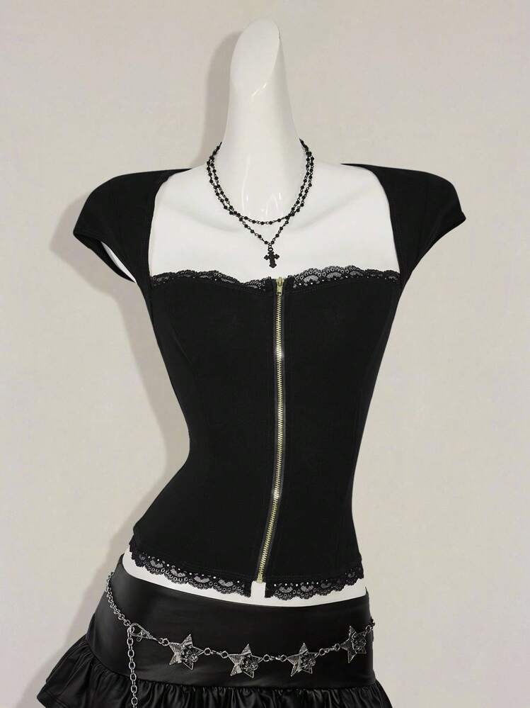 SHEIN ICON Y2k Summer Going Out Burgundy Goth Women's Casual Zipper Crew Neck T-Shirt, Minimalist & Fashionable, Suitable For Summer - Black - View 9