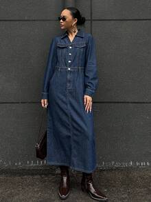 DAZY Women's Street Style Pocketed Long Sleeve Denim Dress - Blue - View 4