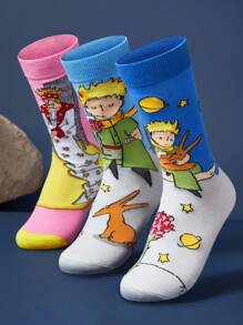 LE PETIT PRINCE X SHEIN 3 đôi tất dài đến bắp chân mềm mại, thoáng khí, thấm hút mồ hôi, thường ngày cho nữ, màu hồng và xanh dương, thời trang và dễ thương, mũi và gót được gia cố để bền bỉ trong mọi mùa, phù hợp với mọi phong cách, mặt trăng và ngôi sao - Nhiều màu - Xem 9