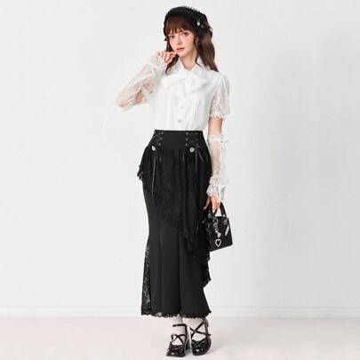 여성 우아한 솔리드 컬러 레이스 스플라이스 칼라 타이 블라우스