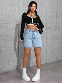 SHEIN ICON 大码女式休闲口袋牛仔短裤，适合度假穿着 - 淺色水洗藍 - 查看 5