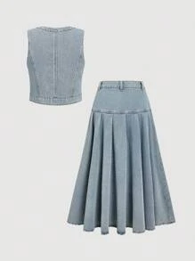 SHEIN MOD 女士纯色纽扣前无袖上衣和褶皱牛仔裙休闲套装牛仔裙套装2件套牛仔套装女式牛仔装女式两件套裙套装女式背心和裙子套装 - 中等水洗藍 - 查看 2