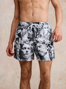 Surfspeed Classical Sculpture Marble Texture Art Mask Print Casual Beach Shorts - Grey - View 4