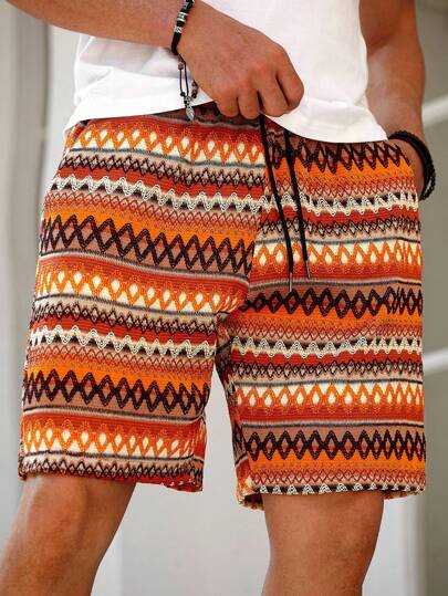 Genlund Men's Burnt Orange Summer Boho Beach Holiday Shorts,Bohemian Geometric Horizontal Striped Crochet-Knit Textured Jacquard Casual Vacation Beach Shorts