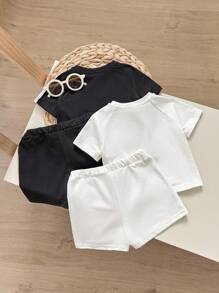 Conjunto informal de cuatro piezas para bebé que incluye sudadera con cuello redondo acanalado y manga raglán, pantalones cortos y bloques de color para niño y niña - Blanco y Negro - Ver 2