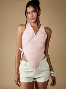 MISSGUIDED 裹身式芭蕾短款上衣，无袖，V 领，侧系腰带，夏季工作室休闲晚会装 - 粉色 - 查看 4