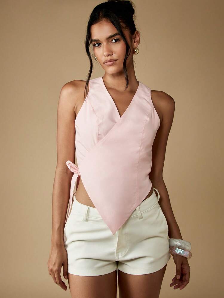 MISSGUIDED 裹身式芭蕾短款上衣，无袖，V 领，侧系腰带，夏季工作室休闲晚会装 - 粉色 - 查看 4