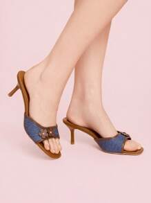 CUCCOO DOLLMOD Giày sandal đế vuông họa tiết hoa khối màu xanh và nâu dành cho nữ, thời trang và thoải mái - Màu xanh lam - Xem 3