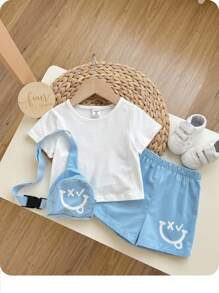 Baby Boy Unisex Round Neck Plain T-Shirt, Cartoon Pattern Backpack And Shorts 3pcs/Set - Blue and White - View 3