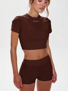 Musera Sport 圆领短袖修身上衣，适合运动、健身、健身房、板式网球、网球、匹克球、瑜伽、普拉提等运动，日常休闲夏季穿着 - 棕色 - 查看 5