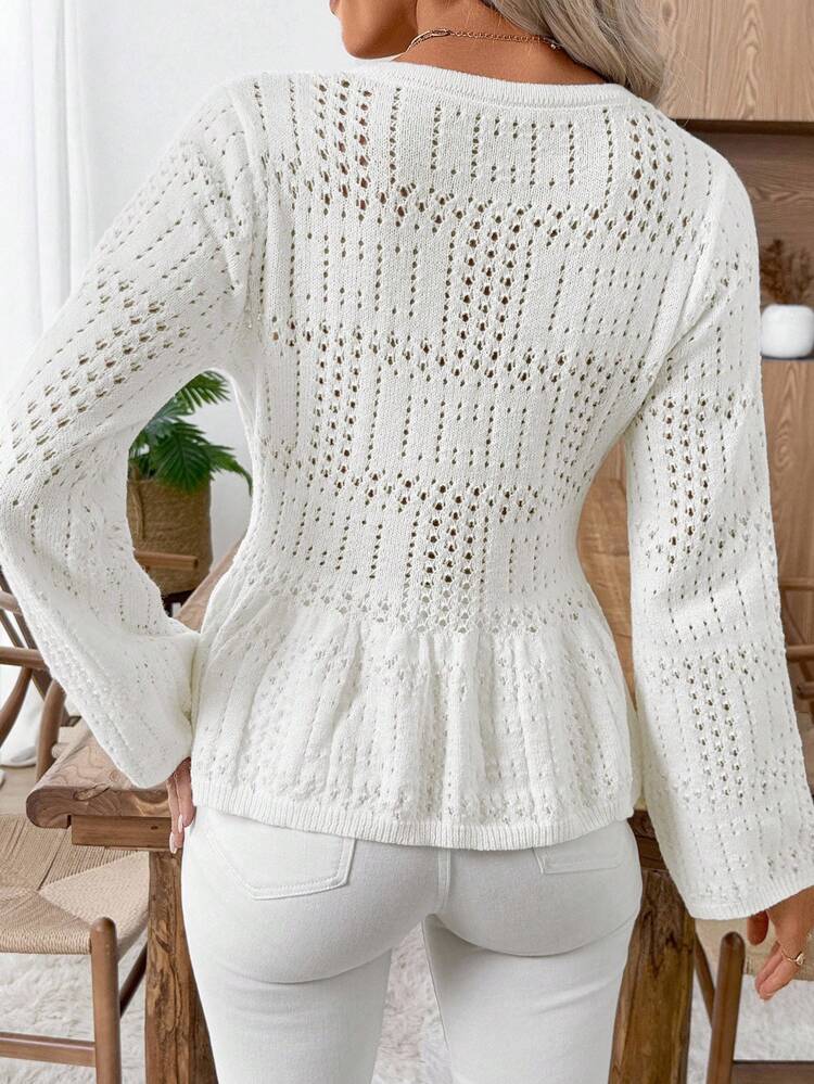 Women's Solid Color V-Neck Cutout Long Sleeve Hollow Out Knit Top White Eyelet Top White Knit Top Eyelet Top For Women Long Sleeve Summer Top Summer Sweaters For Women