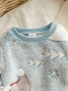 2pcs Baby Boy Christmas Snowman Pattern Ribbed Round Neck Long Sleeve Top & Flannel Pajama Pants Set, Soft & Comfortable, Suitable For Autumn/Winter - Blue and White - View 3