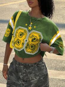 Rovax 女式拼色数字印花圆领落肩短款宽松T恤，夏季