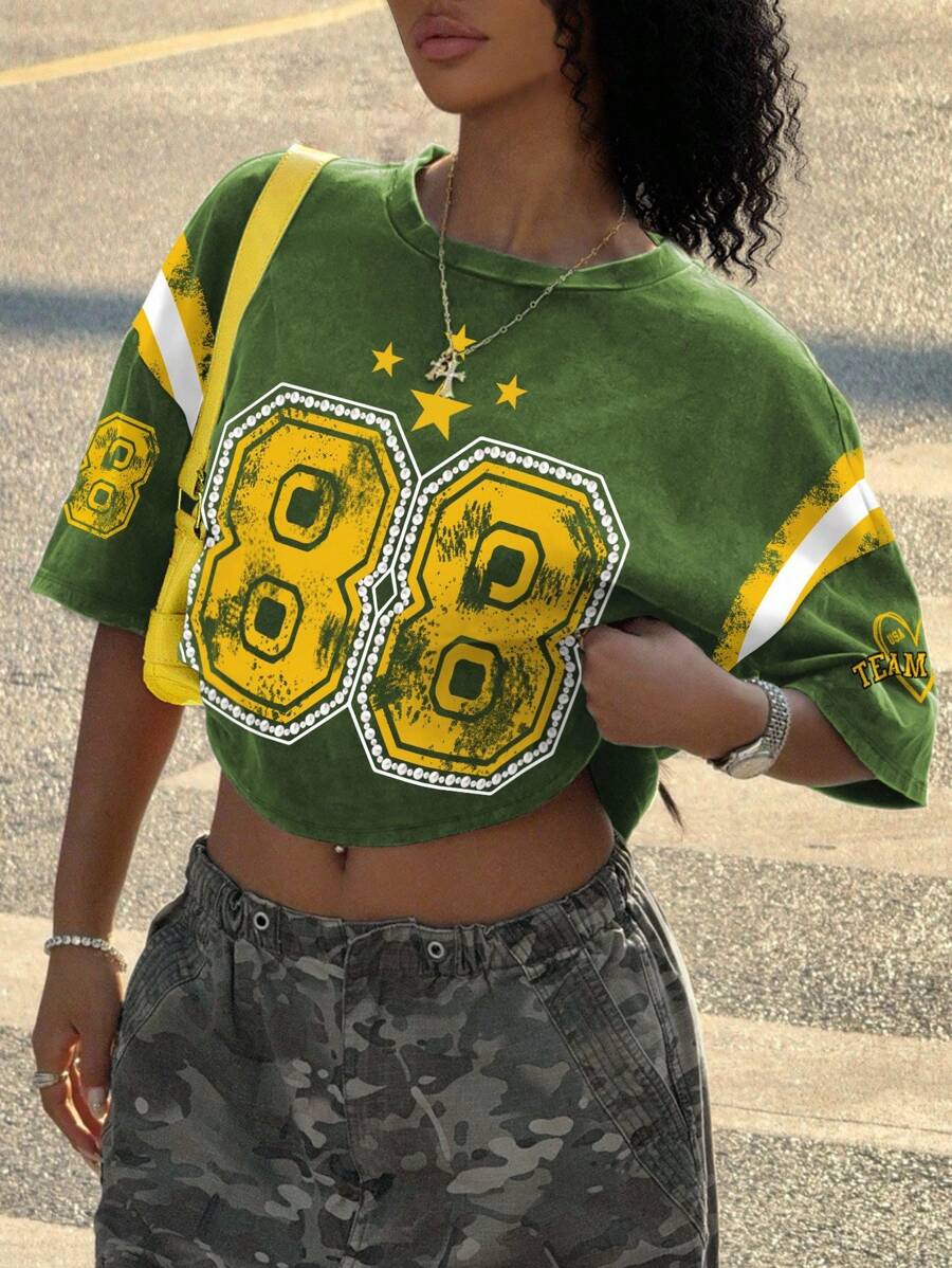 Rovax 女式拼色数字印花圆领落肩短款宽松T恤，夏季