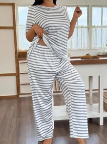Lazeform Plus Size Striped Print Raglan Sleeve Casual Loungewear Pajama Set, Outfits - Light Grey - View 7