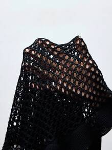 Maija 女士宽松蝙蝠袖圆领镂空针织开衫，商务休闲，适合音乐节，波西米亚风格 - 黑色 - 查看 9