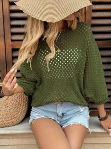 Breezaya 女款休闲宽松蝙蝠袖镂空针织衫，杏色，春秋 - 軍綠色 - 查看 6