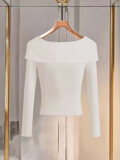 Rosivaux French Chic White And Gold Elegant V-Neck Knitted Shirt For Women,Fall Winter Luxury Slouchy Long Sleeve Top,Brunch Style Fall Bottoming T-Shirts