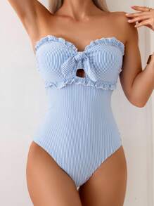 Swim Mod Women's Beach Outfit, Textured Blue & White Striped Fabric, Fashionable Resort Casual Sweet Style, Strapless Detachable Shoulder Straps Ruffle Hem One-Piece Swimsuit - Blue and White - View 5