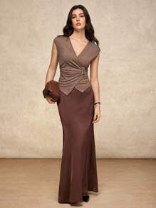 House of One Old Money Marled Knit V Neck Overlap Front Ruched Top With Buckle Decoration Women Casual Elegant Autumn Chocolate Brown Top Brown Top For Women Coffee Brown Top Brown V Neck Top Dark Brown Top Fall Outfits Business Professional Women Business Casual Woman