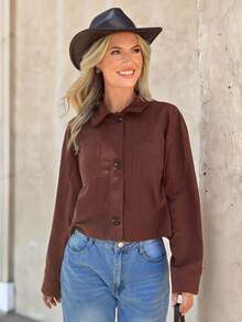 SHEIN LUNE Women Casual Fashion Versatile Commuting Minimalist Brown Button Up Shirt Christmas Business Western Wear Country Teacher In Fall/Winter - Brown - View 2