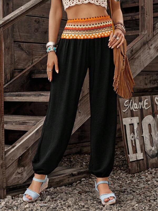 LanaWest Pantalones casuales y sueltos de 3/4 para mujer, con estilo bohemio, de tela de otoño, con cintura elástica y diseño de patchwork colorido, ideales para vacaciones de verano en la playa