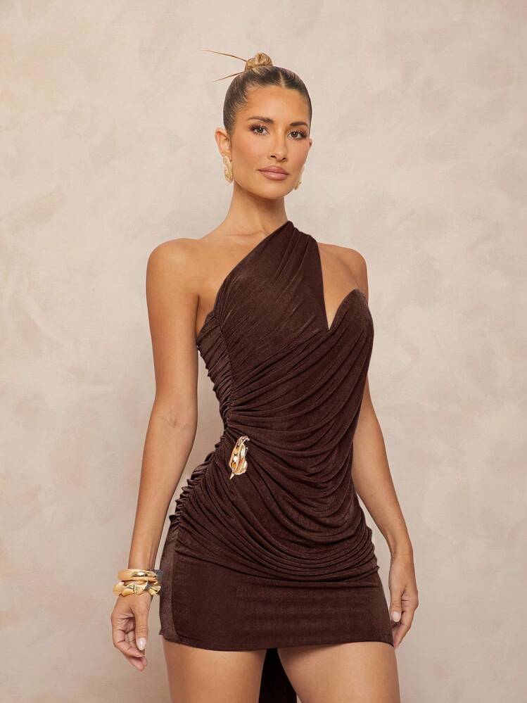 Lumalex Vestido mini ajustado con volantes asimétricos y decoración de metal para mujeres - Café integral - Añade 5