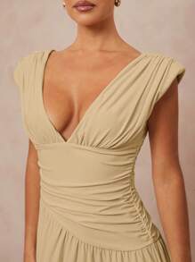 Lumalex Váy thời trang gợi cảm cổ chữ V sâu màu trơn dành cho nữ - Màu Khaki - Xem 3