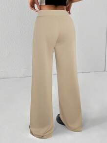 SHEIN PETITE Quần nỉ ống rộng lưng thấp dệt kim trơn thoải mái và giản dị dành cho nữ - Màu Khaki - Xem 2