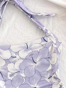 SHEIN Áo hai dây in hoa thời trang cho bé gái tuổi mới lớn, dáng ôm, ôm vừa vặn, thích hợp cho tiệc tùng, trà chiều, bãi biển, du ngoạn - Màu tím hoa cà - Xem 5
