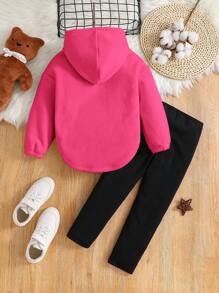 SHEIN 年轻女孩 2 件/套摇粒绒字母刺绣落肩弧形下摆连帽衫和紧身裤套装，运动风格，非常适合秋冬季休闲、日常穿着和学校日常穿着 - 玫紅色 - 查看 6