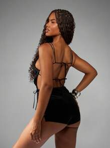 MISSGUIDED 系带连体衣节日波西米亚哥特式做旧皮革链条细节可调节肩带派对夜店连体衣 - 黑色 - 查看 2