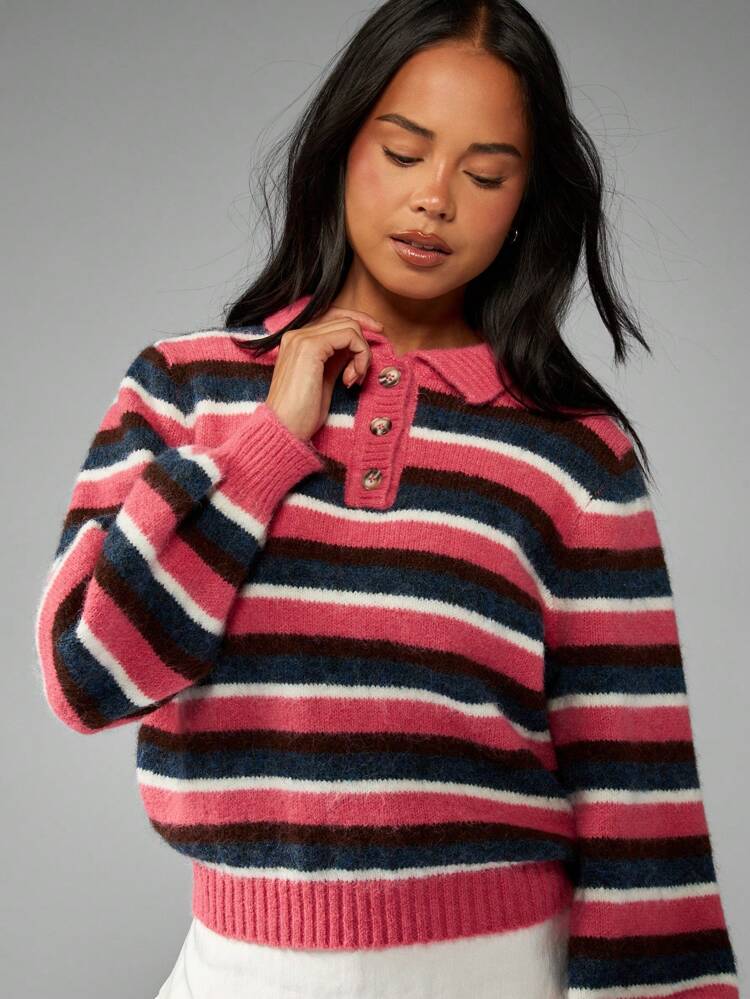 MISSGUIDED Pull court à rayures casual en tricot rugby, col polo, style preppy années 2000, manches longues en tricot