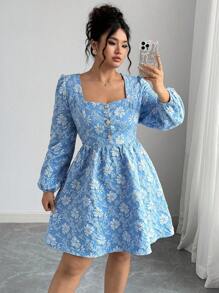 Elenzga Váy dài tay vải jacquard kiểu Pháp thường ngày cỡ lớn dành cho nữ, mặc dự tiệc - Màu xanh lam - Xem 3