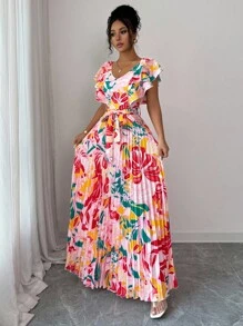 Elenzga 荷叶边袖 V 领度假 A 字腰褶皱优雅浪漫女式连衣裙 - 彩色 - 查看 5