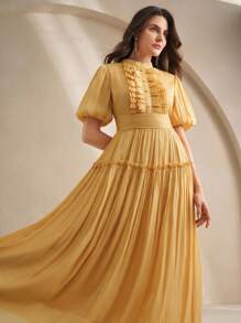 Anewsta 女士长裙，夏季款式，荷叶边设计，优雅百搭，适合节日和假日穿着 - 黃色 - 查看 7