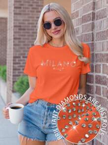 SHEIN LUNE Women's Slogan MILANO ITALY Letter Printed T-Shirt Short Sleeve Casual Top MILAN ITALY Graphic Tees Women Tops - Orange - View 3