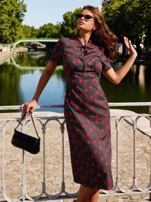 lacRébo 修身中长连衣裙，搭配红玫瑰和圆点印花和扇形领结，教师装，约会夜礼服，外出装，秋季连衣裙 - 彩色 - 查看 5