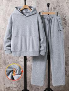SHEIN Teenager Boys'Casual Streetwear Hoodie And Sweatpants Set,Autumn Back-To-School Graduation 2 Piece Solid Embroidery Tracksuit Jogging Clothes - Light Grey - View 5